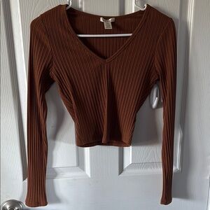 Brown Ribbed V-Neck Long Sleeve Top